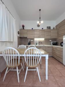 uma cozinha com uma mesa e duas cadeiras em Sea-front Cozy Apartment em Elounda