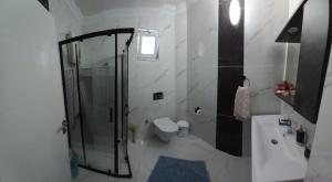 a bathroom with a shower and a toilet and a sink at Villa Deluxe Panorama 61 in Trabzon +120 photos