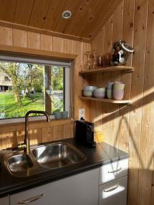 een keuken met een wastafel en een raam in een huisje bij Tiny house Smûk in Tietjerk