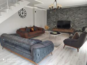 a living room with a couch and a tv at Villa Deluxe Panorama 61 in Trabzon