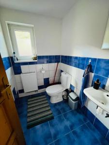 a blue and white bathroom with a toilet and a sink at Chata u pltníka Paľka in Podbiel