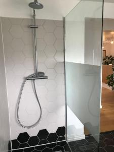 a shower with a hose on a wall at Joli appartement proche dunes d'Erdeven & Ria Etel in Erdeven