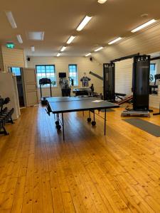 a room with a ping pong table in a gym at Bashults Gård in Jönköping