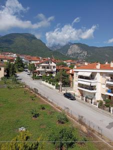 eine Stadtstraße mit Gebäuden und einem Auto auf einer Straße in der Unterkunft Luxury suite with Olympus and sea view in Litochoro