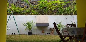 a yard with a wall and a chair and plants at Locations Alpinia Réunion in Saint-Paul