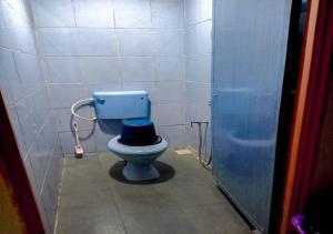 a bathroom with a blue toilet with a blue seat at AISHAH GUEST HOUSE in Perhentian Island