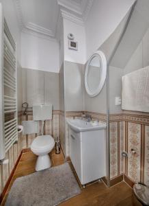 Un baño con inodoro, lavabo y espejo. en ZiRa Residence - Authentic rooms in Old Town, en Brasov