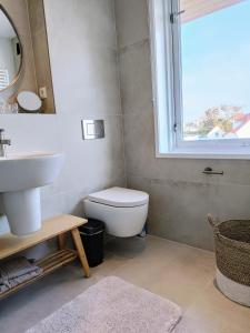 La salle de bains est pourvue de toilettes, d'un lavabo et d'une fenêtre. dans l'établissement Appartement Zuid 5, à Zandvoort