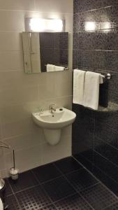 y baño con lavabo, espejo y ducha. en Hotel Kiprovets en Chiprovtsi