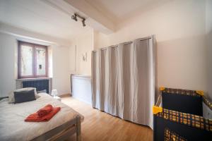 a bedroom with a bed and curtains in it at Refuge Saint-Amour - Appt pour 5 in Saint-Amour