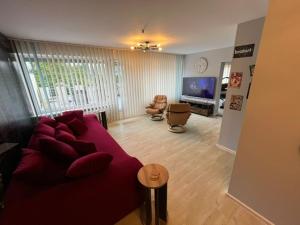 ein Wohnzimmer mit einem roten Sofa und einem TV in der Unterkunft TH 615 Panoramic Hohegeiß in Braunlage