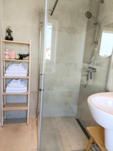 La salle de bains est pourvue d'une douche et d'un lavabo. dans l'établissement Appartement Zuid 5, à Zandvoort