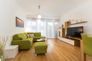 a living room with a green couch and a tv at Stadtdomizil Schladming by Schladming-Appartements in Schladming