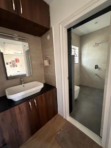 een badkamer met een wastafel, een toilet en een spiegel bij Room stay near HAMPI in Koppal