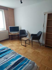 a bedroom with two chairs and a tv and a table at Haus Jezek in Windischgarsten