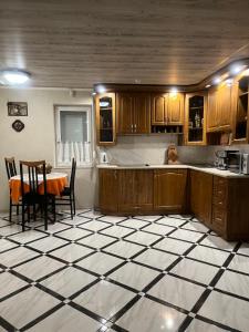 a kitchen with wooden cabinets and a table and chairs at Hotel Окремий Будинок-Апартаменти in Rakoshyno