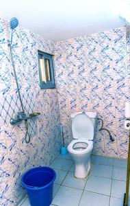 a bathroom with a toilet and a blue bucket at Studio Meublé - La Concorde - 1 Salon, 1e Chambre, 1e Salle de bain, 1e Cuisine in Yaoundé +5 photos