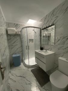 a bathroom with a shower and a toilet and a sink at Villa Cecilia, Maspalomas (Nuevo a estrenar) in Maspalomas