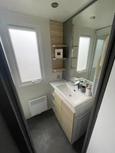 een badkamer met een witte wastafel en een raam bij Nette 4-persoons chalet aan het Lauwersmeer in Lauwersoog