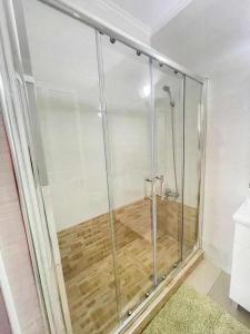 W łazience znajduje się prysznic ze szklanymi drzwiami. w obiekcie Zeyden Place Apt 2 w mieście Praia