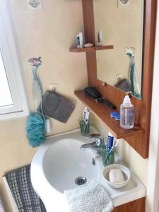 een badkamer met een wastafel en een spiegel bij Bungalow de 2 chambres avec piscine partagee et terrasse amenagee a La Baule Escoublac in Saint-André-des-Eaux