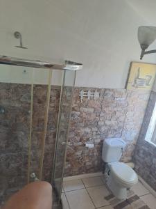 La salle de bains est pourvue de toilettes et d'une douche en verre. dans l'établissement Breaking Dawn, à Noupoort