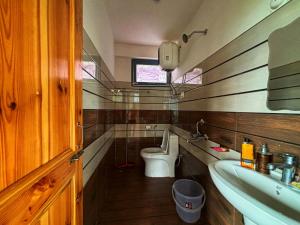 a bathroom with a toilet and a sink at Kihala Homestay in Manāli