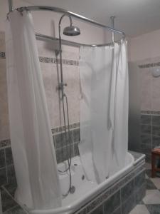 a shower with a white shower curtain in a bathroom at La Charentaise des Lilas in Saint-Léger