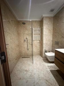 La salle de bains est pourvue d'une douche, de toilettes et d'un lavabo. dans l'établissement joli appartement a jardin de Carthage, à Tunis