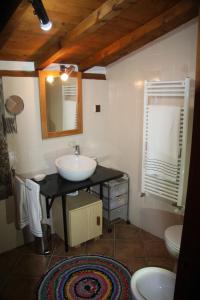 La salle de bains est pourvue d'un lavabo, d'un miroir et de toilettes. dans l'établissement Casa do Ribeiro - Casal Pedro, à Ponte de Lima
