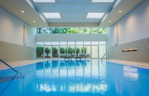 a large swimming pool with blue water in a building at Eilenriedestift Appartements in Hannover