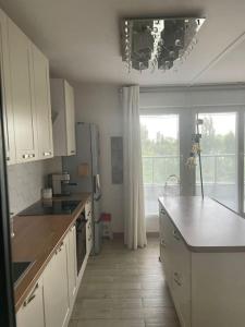 een keuken met witte kasten en een groot raam bij Appartement vue sur le lac in Créteil