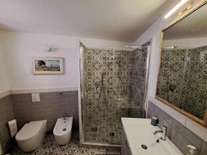 ein Bad mit einem WC, einem Waschbecken und einer Dusche in der Unterkunft Casetta vista mare in Antona