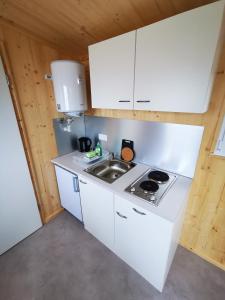 una cocina con armarios blancos y fregadero en Tiny Guesthouse Herdt Euerbach, 