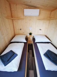 two beds in a room with a wooden wall at Tiny Guesthouse Herdt Euerbach 