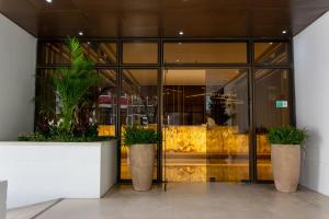 里斯本的住宿－VIP Executive Suites do Marquês Hotel，前面有两株盆栽植物的建筑