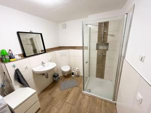 La salle de bains est pourvue d'une douche et d'un lavabo. dans l'établissement Nice Apartment in Düren, à Düren