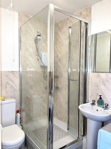 a bathroom with a shower and a toilet and a sink at Crescent Loft Apartment - 1 Bedroom in Goodmayes