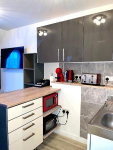 cocina con encimera y microondas en Crescent Loft Apartment - 1 Bedroom, en Goodmayes