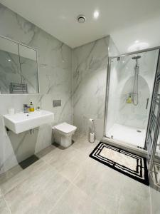 濱海紹森德的住宿－Stunning New Penthouse Apartment，带淋浴、盥洗盆和卫生间的浴室