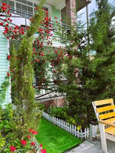 a garden with two christmas trees and red flowers at Gabala Boutique Hotel in Gabala