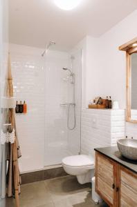 uma casa de banho com um chuveiro, um WC e um lavatório. em Eyja Guldsmeden Hotel em Reykjavík