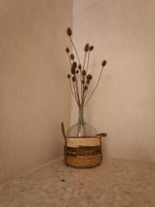a vase with flowers in it sitting on a table at Alojamiento Rural El Cerro in Fresneda de la Sierra