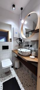 a bathroom with a toilet and a large mirror at Apartamenty Poddąbie1 in Poddąbie