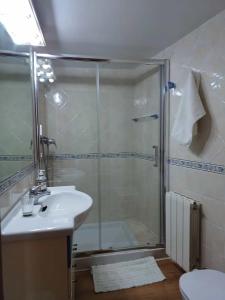 y baño con ducha acristalada y lavamanos. en CASA RURAL SANCHO en Artajona