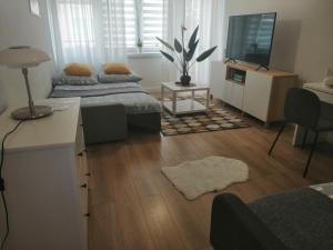 a living room with two beds and a television at Apartament Rodzinny - Classic Olszowa in Włocławek