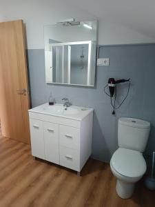 a bathroom with a toilet and a sink and a mirror at Casa en San Pantaleón in Paderne