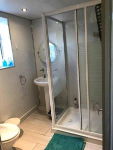 ein Bad mit einer Dusche, einem WC und einem Waschbecken in der Unterkunft 2or3 double bedrooms apartment free parking in Edinburgh