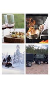 a collage of pictures of food and a person on a motorcycle at Utsikten - Ny flott hytte, Privat Badstue, Spabad! in Torsby