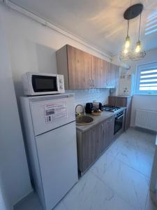a kitchen with a white refrigerator and a microwave at Studio Demy in Chiajna